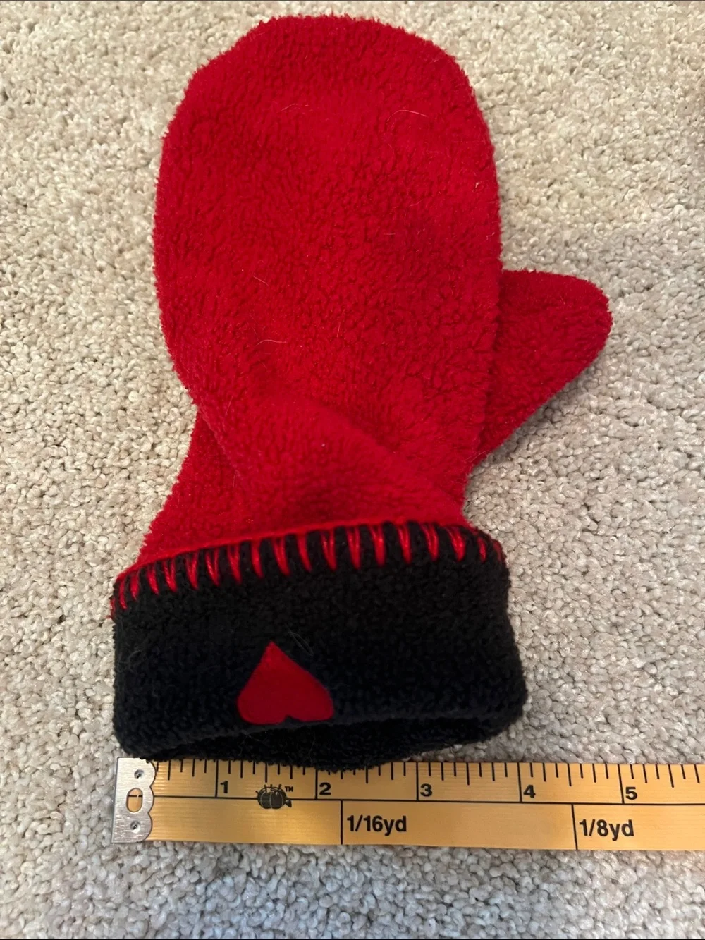 Red Fleece Mittens with Black Cuff and Heart Accent